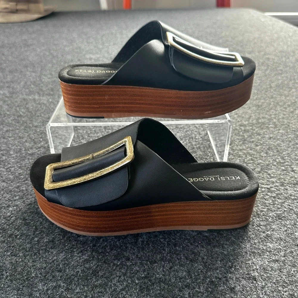 Kelsi Dagger Brooklyn Black Leather Platform Slide Buckle Sandals Size 6 36.5